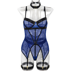 3367--Sexy dress 3 piece set explosive large mesh stitching with steel collar hanging leg hoop underwear