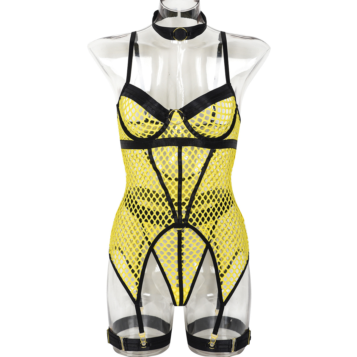 3367--Sexy dress 3 piece set explosive large mesh stitching with steel collar hanging leg hoop underwear