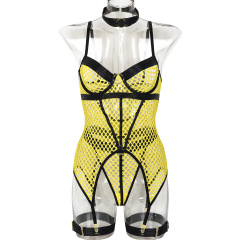 3367--Sexy dress 3 piece set explosive large mesh stitching with steel collar hanging leg hoop underwear