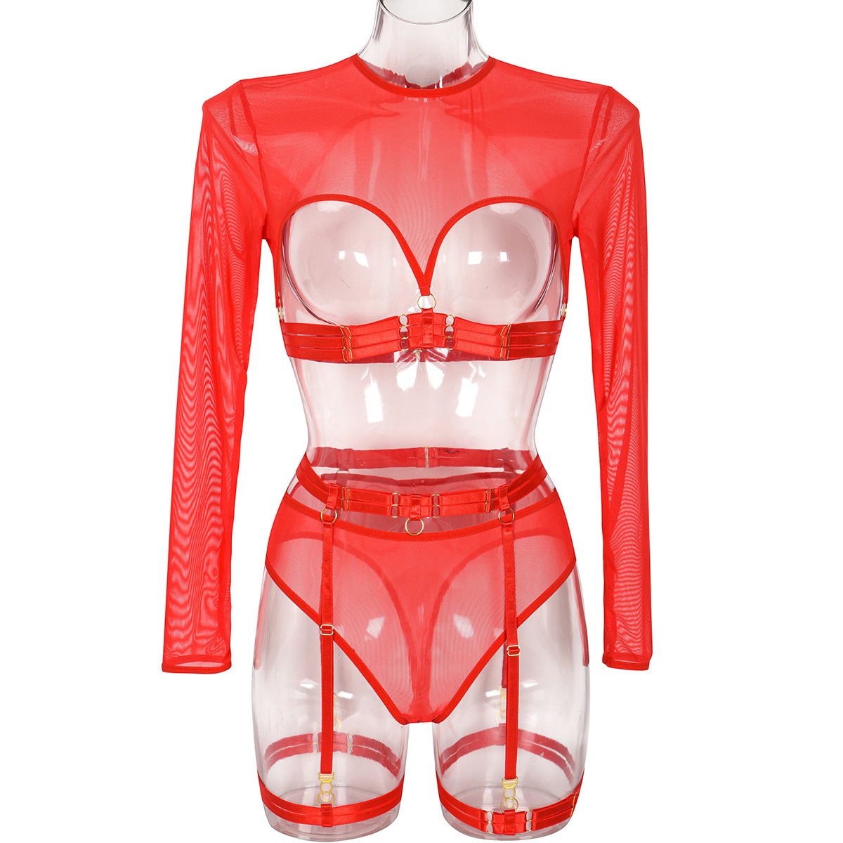 3398--Explosive mesh perspective collision strap heavy process complex three-piece sexy underwear