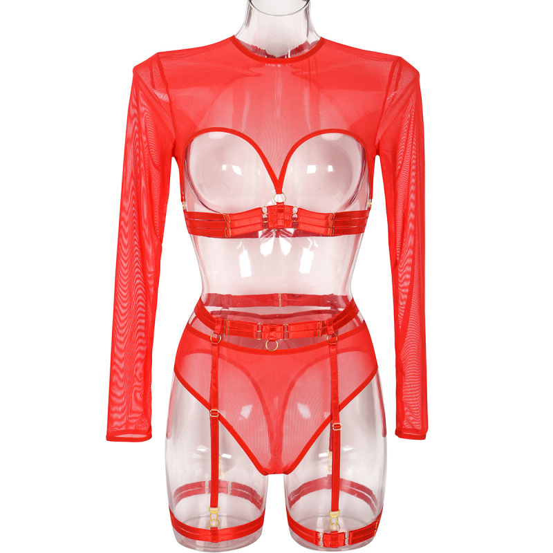 3398--Explosive mesh perspective collision strap heavy process complex three-piece sexy underwear
