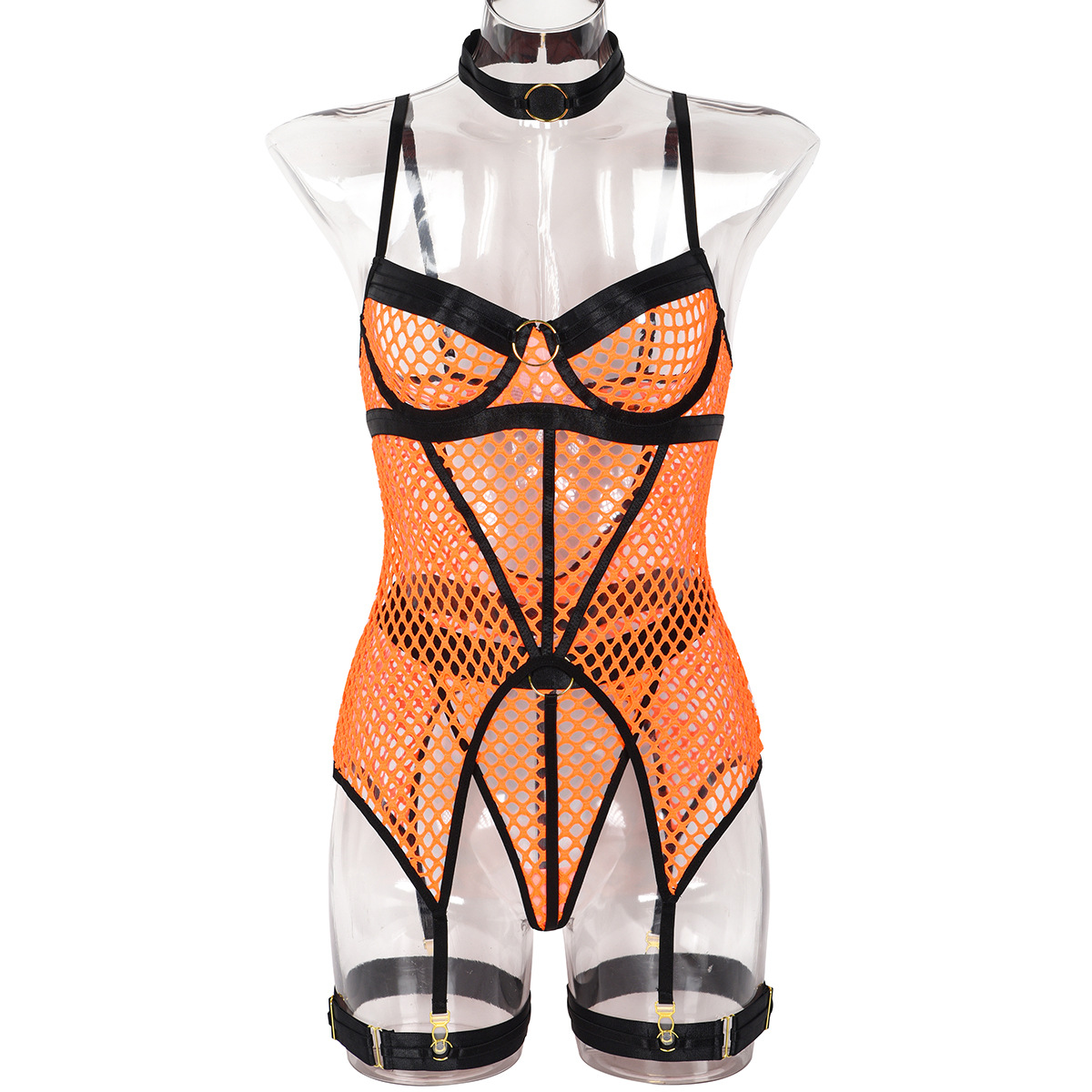 3367--Sexy dress 3 piece set explosive large mesh stitching with steel collar hanging leg hoop underwear
