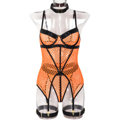 3367--Sexy dress 3 piece set explosive large mesh stitching with steel collar hanging leg hoop underwear