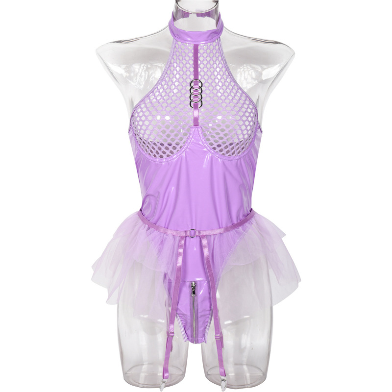 3334--Sexy PU patent leather mesh with neck underwear mesh gauze skirt garter jumpsuit can be solved