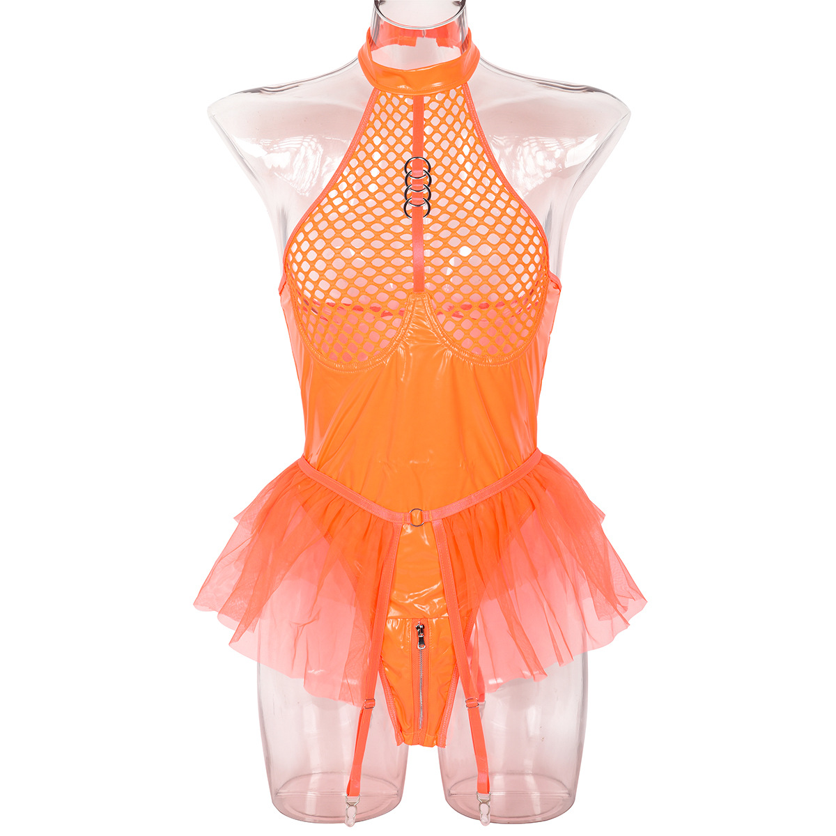 3334--Sexy PU patent leather mesh with neck underwear mesh gauze skirt garter jumpsuit can be solved