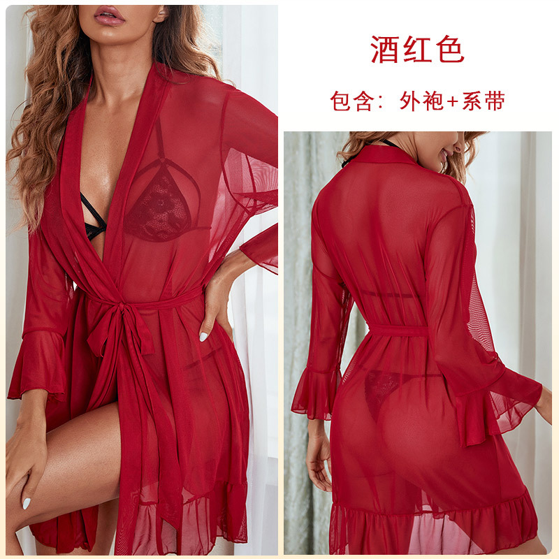 129--New gauze robe See-through gauze underwear Sexy bathrobe ruffled cardigan pajama lady