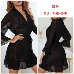 129--New gauze robe See-through gauze underwear Sexy bathrobe ruffled cardigan pajama lady