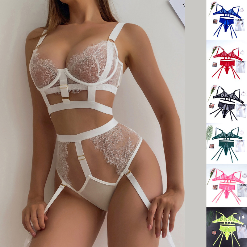 CQX0509—Sexy lingerie eyelashes lace sling body shaping split set