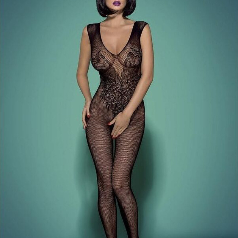 8911--See-through sexy sexy stockings seductive one-piece stockings hollow jacquard suspender one-piece mesh top