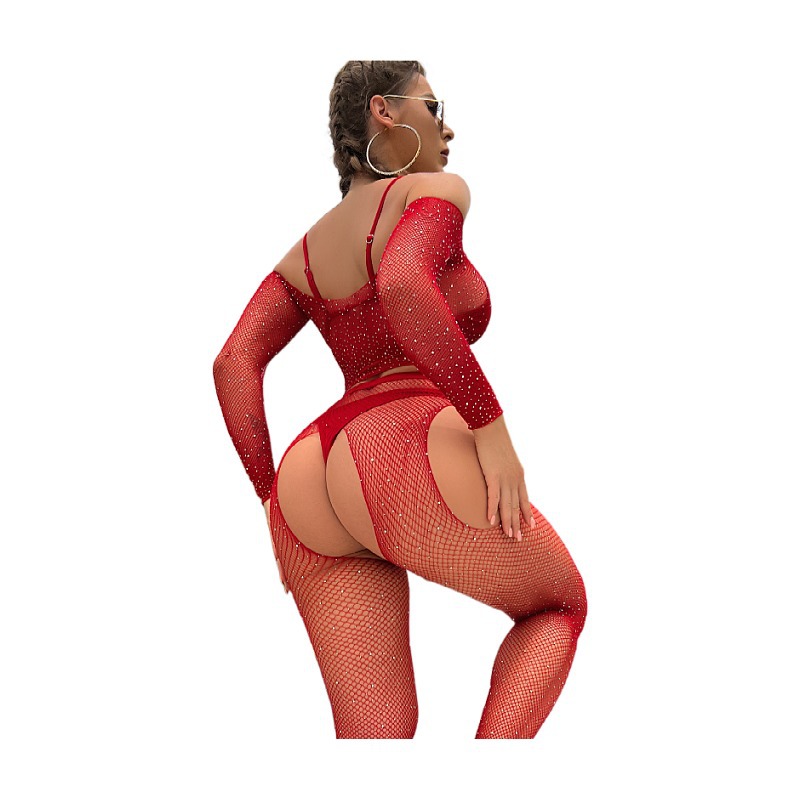 T1015+5024--New sexy seductive line collar sexy flash drill four side open sex suit