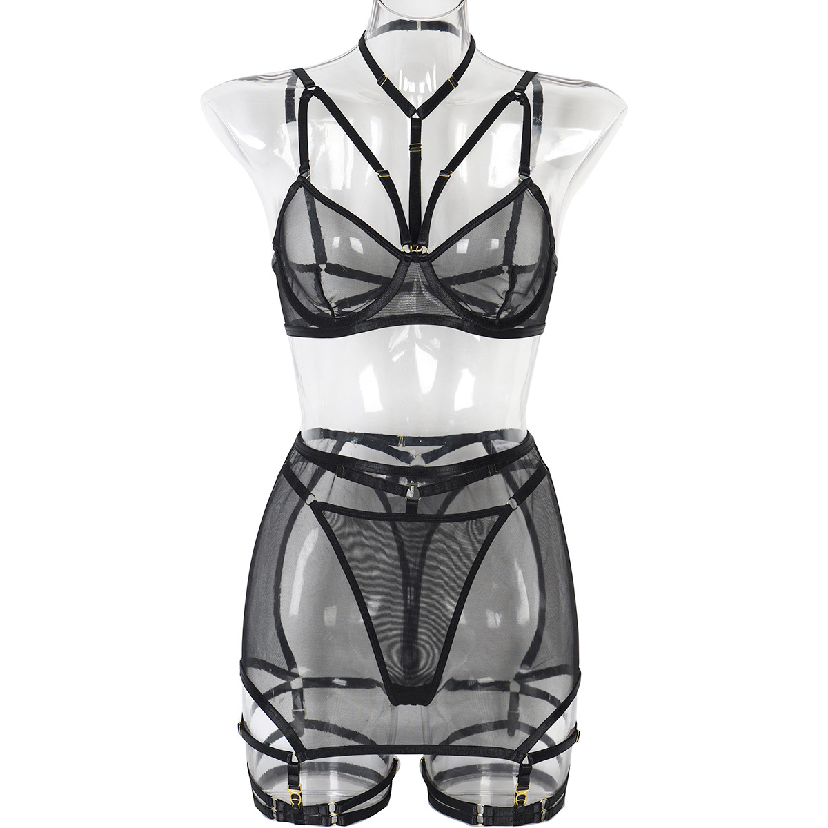 3331--Sexy underwear three-piece set with steel mesh stitching sexy clothes