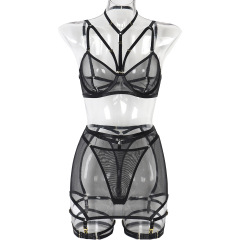 3331--Sexy underwear three-piece set with steel mesh stitching sexy clothes