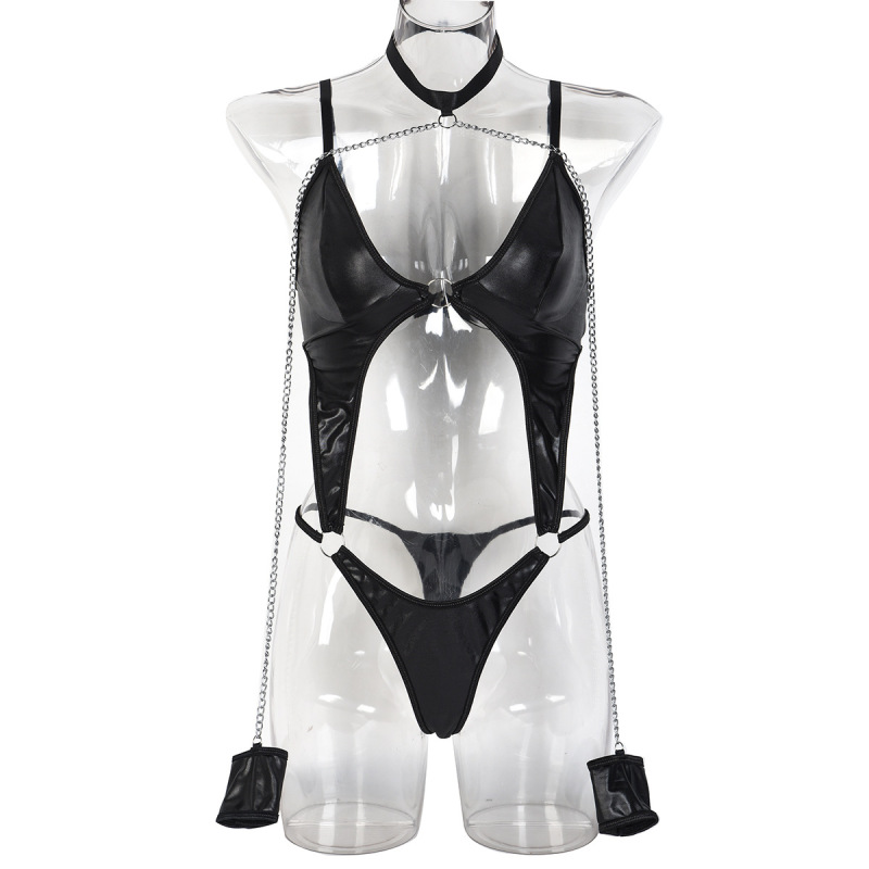 3380--Dark wind PU leather sexy crop Shapewear with bracelet backless sex suit