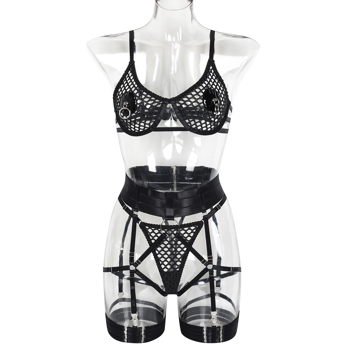 3407--Sexy underwear fashion metal hollow-out big hole mesh bandage sexy perspective garter belt five-piece set