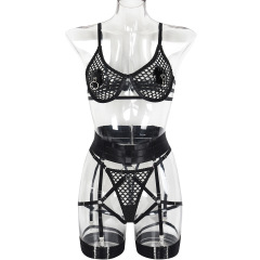 3407--Sexy underwear fashion metal hollow-out big hole mesh bandage sexy perspective garter belt five-piece set