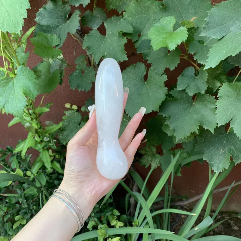 S152--Natural white crystal raw stone carved polished crystal massage stick