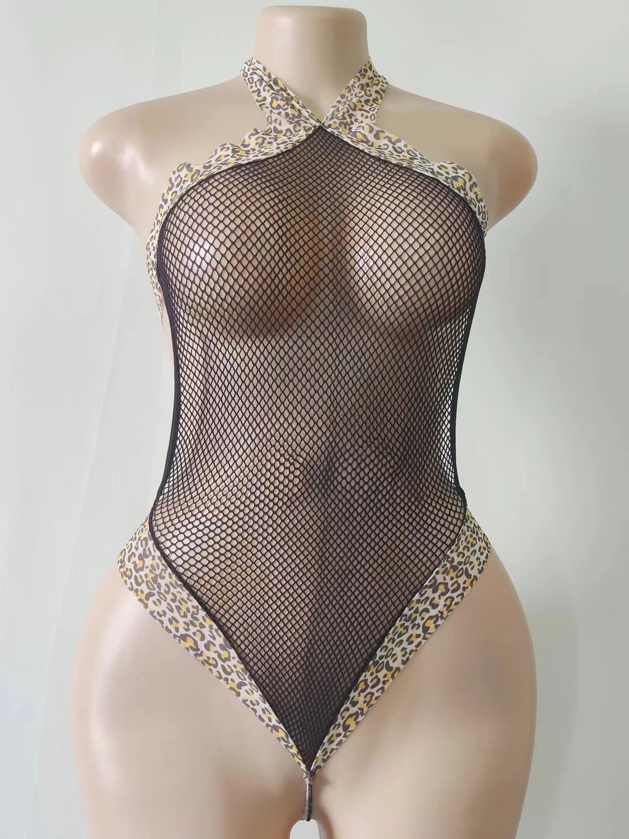 N-6047--Women's skin color print leopard closed mesh
