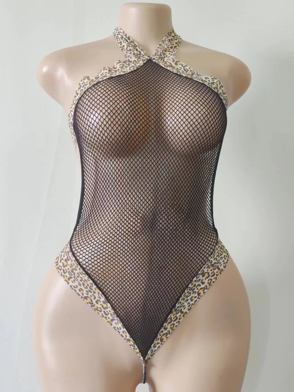 N-6047--Women's skin color print leopard closed mesh