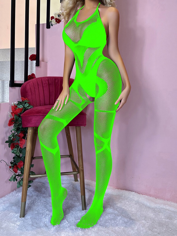 W634-European and American sexy stockings lace see-through jacquard fishnet stockings halter neck lace leaky back one-piece stockings fishnet stockings