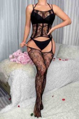 W491-European and American sexy lingerie one-piece net clothing cross-border foreign trade suspenders hollow open jacquard see-through jumpsuit
