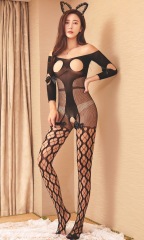 W238-European and American foreign trade sexy lingerie with breast leakage one-piece bow mid-sleeve mesh jacquard crotchless pajamas