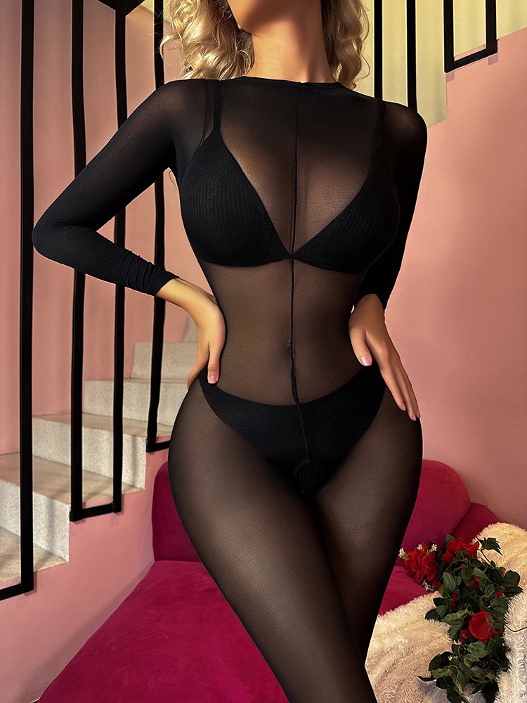 W413-Sexy lingerie European and American sexy stockings one-piece stockings uniform tempting open black stockings see-through cute