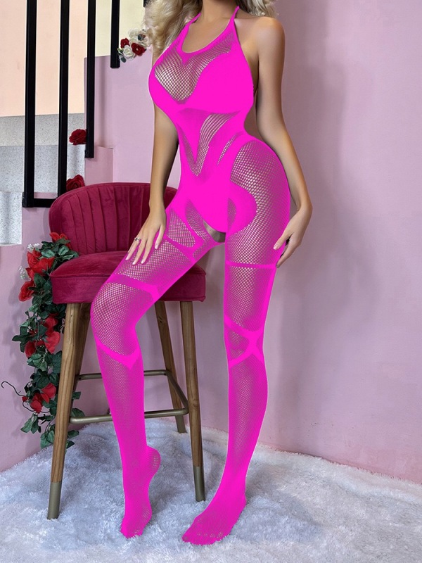 W634-European and American sexy stockings lace see-through jacquard fishnet stockings halter neck lace leaky back one-piece stockings fishnet stockings