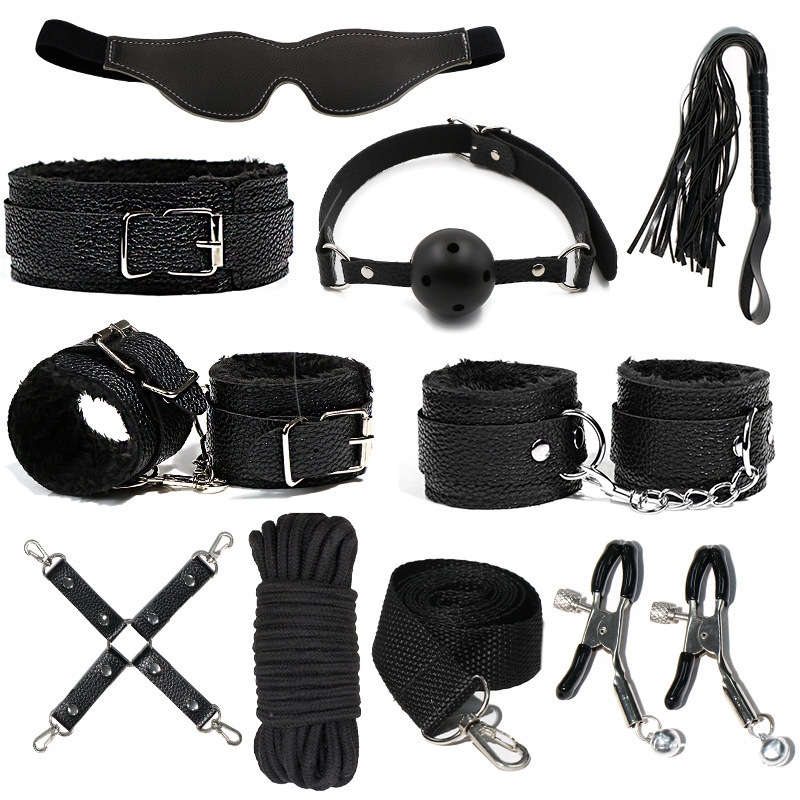 H2026--SM bondage nipple clamps sex toys set mouth ball handcuffs sex toys 9-piece set