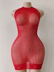 TZ103--New neck strap sexy hot drill one-piece mesh dress bag hip skirt