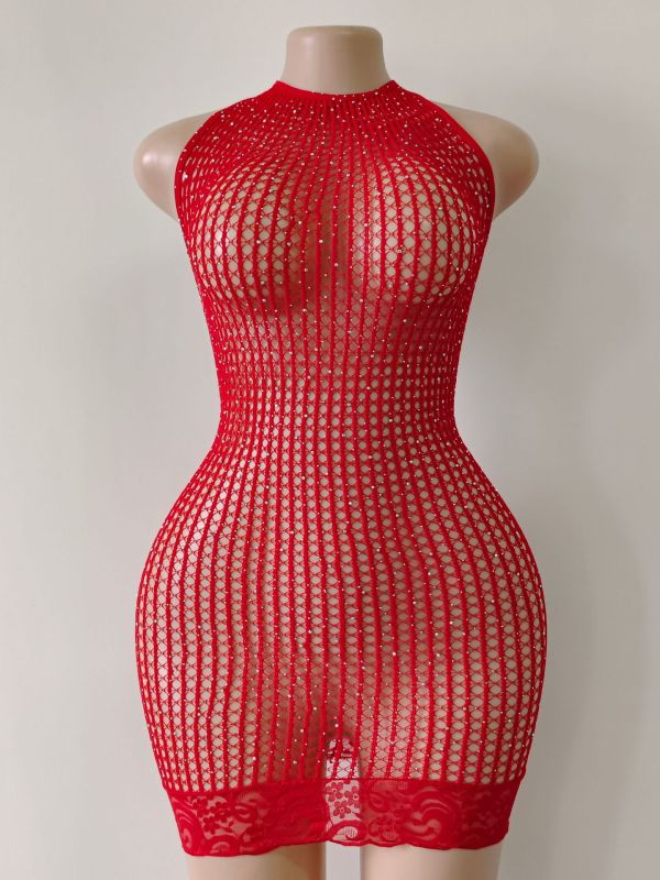 TZ103--New neck strap sexy hot drill one-piece mesh dress bag hip skirt