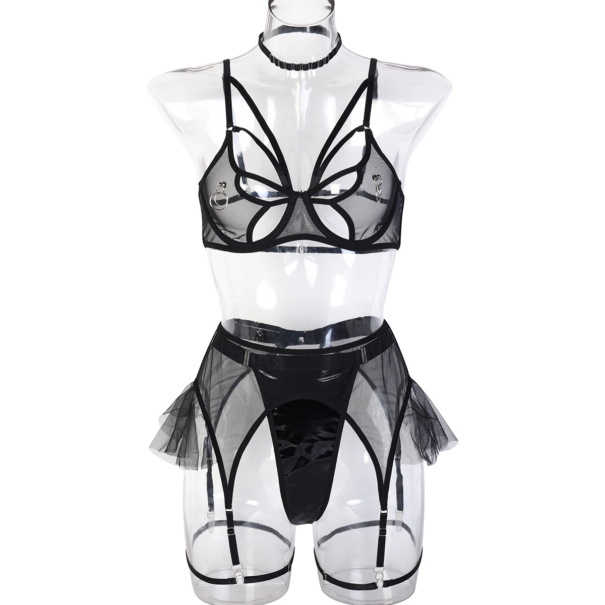 3293--Hollow sex underwear with chest ring mesh see-through four-piece set