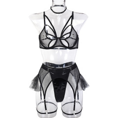 3293--Hollow sex underwear with chest ring mesh see-through four-piece set