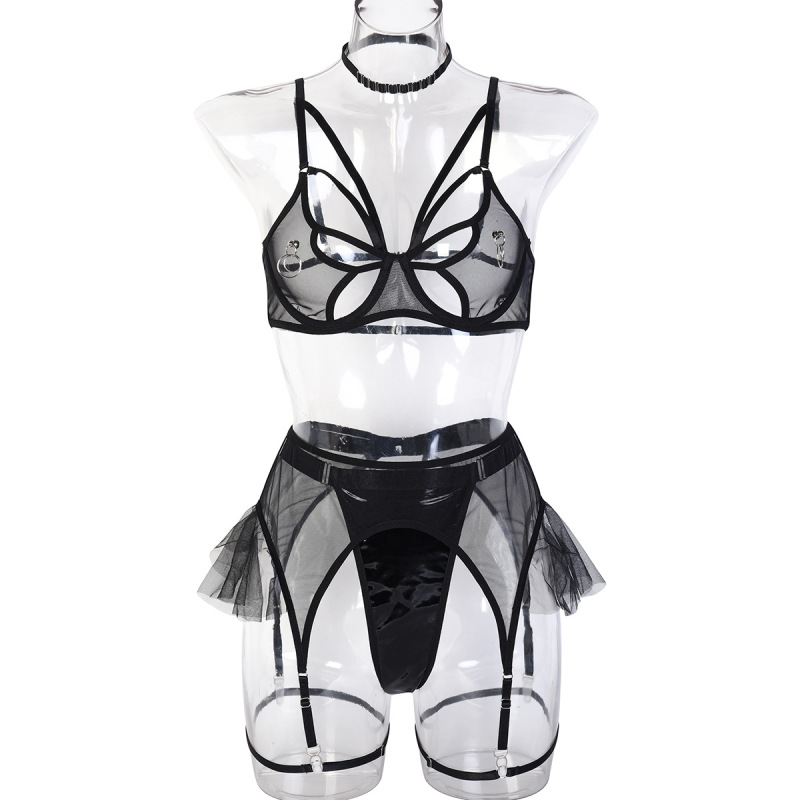 3293--Hollow sex underwear with chest ring mesh see-through four-piece set