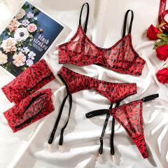 3065--New sexy underwear sexy mesh printed leopard print perspective gathering with silk stockings four-piece set