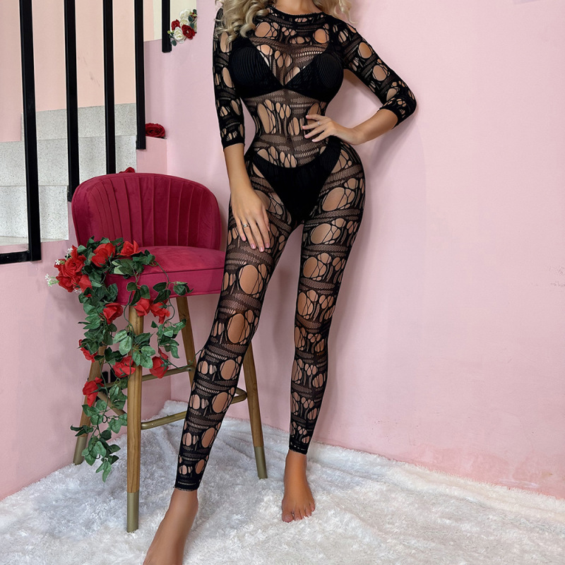 w608--New women's jacquard sexy one-piece mesh top
