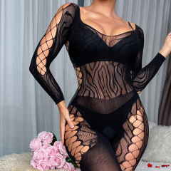 w602--Lace see-through jacquard fishnet stockings halterneck lace long-sleeved one-piece stockings