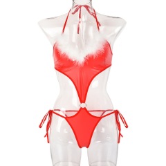 SD0005-New Christmas jumpsuit, real fur PU splicing red hot carnival sexy jumpsuit