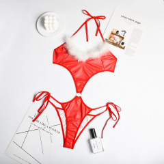 SD0005-New Christmas jumpsuit, real fur PU splicing red hot carnival sexy jumpsuit