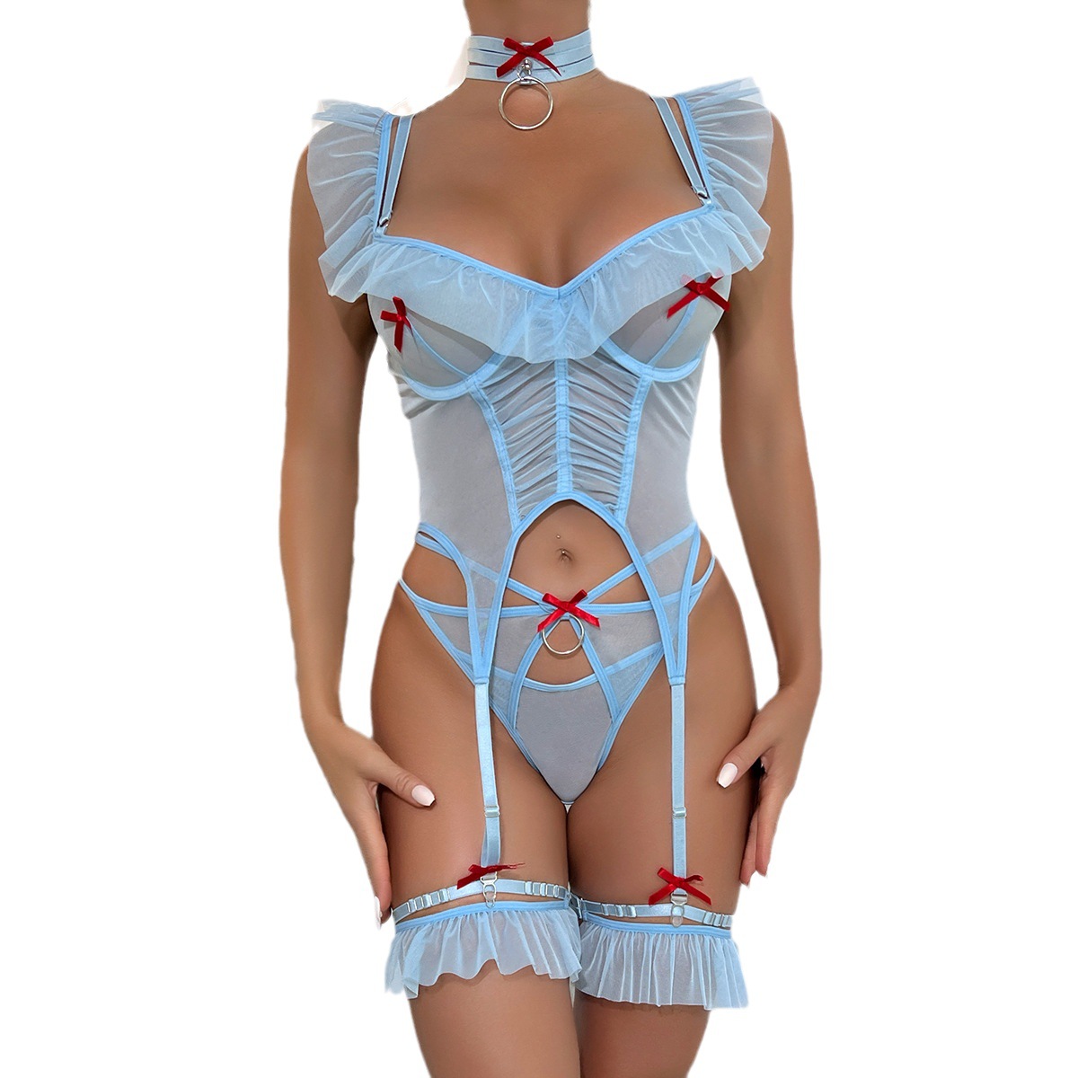 3389-European and American new elastic mesh girls' sexy spliced ​​fishbone shaping backless suspender jumpsuit