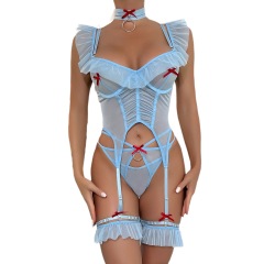 3389-European and American new elastic mesh girls' sexy spliced ​​fishbone shaping backless suspender jumpsuit