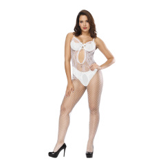 w040--Sexy lace trim suspender front cutout bow ribbed mesh top