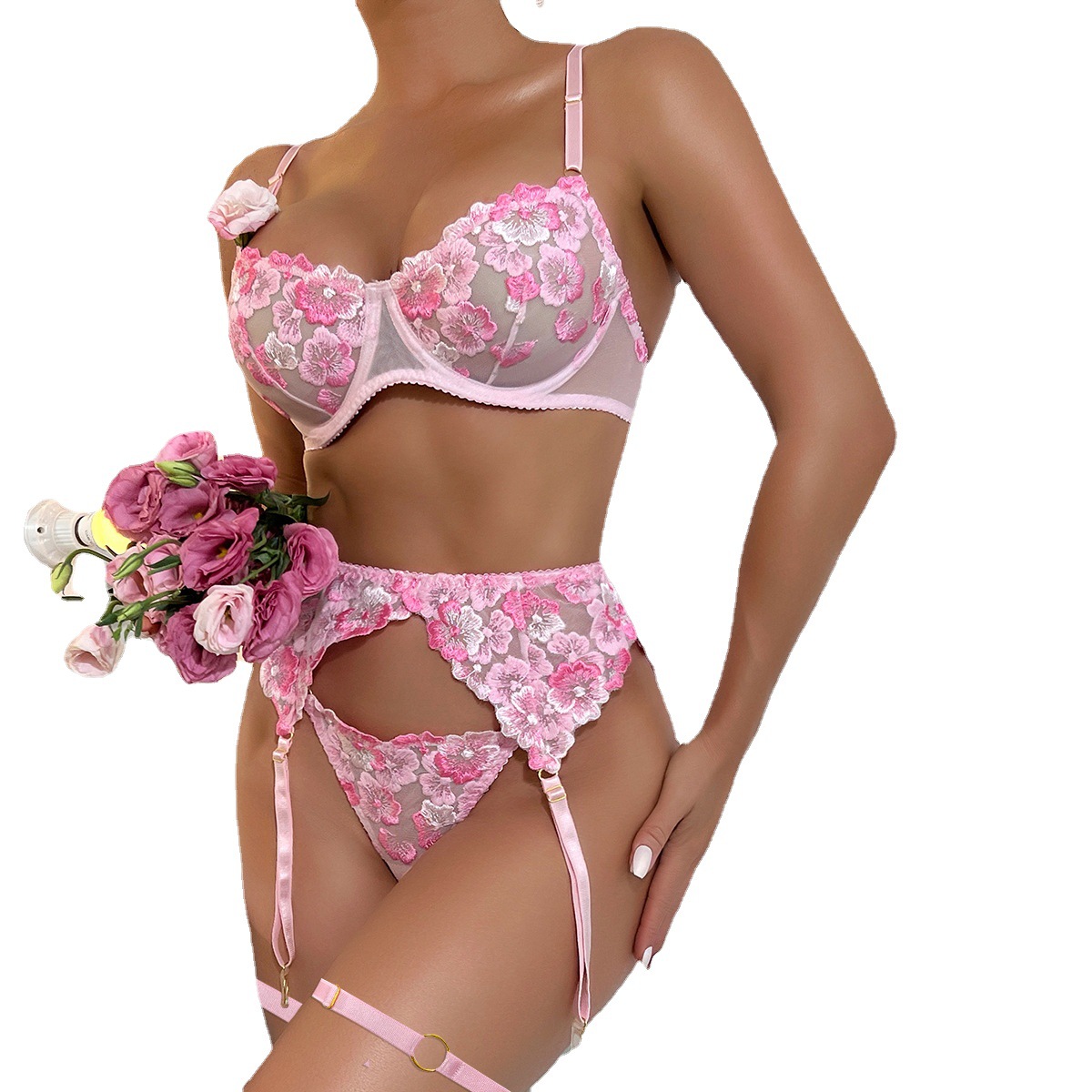 3377-High-quality heavy-duty flower embroidery see-through sexy three-piece independent stand Amazon hot-selling sexy underwear