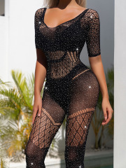 TZK253--Hot diamond mesh one-piece hollow mesh short-sleeved sexy tights