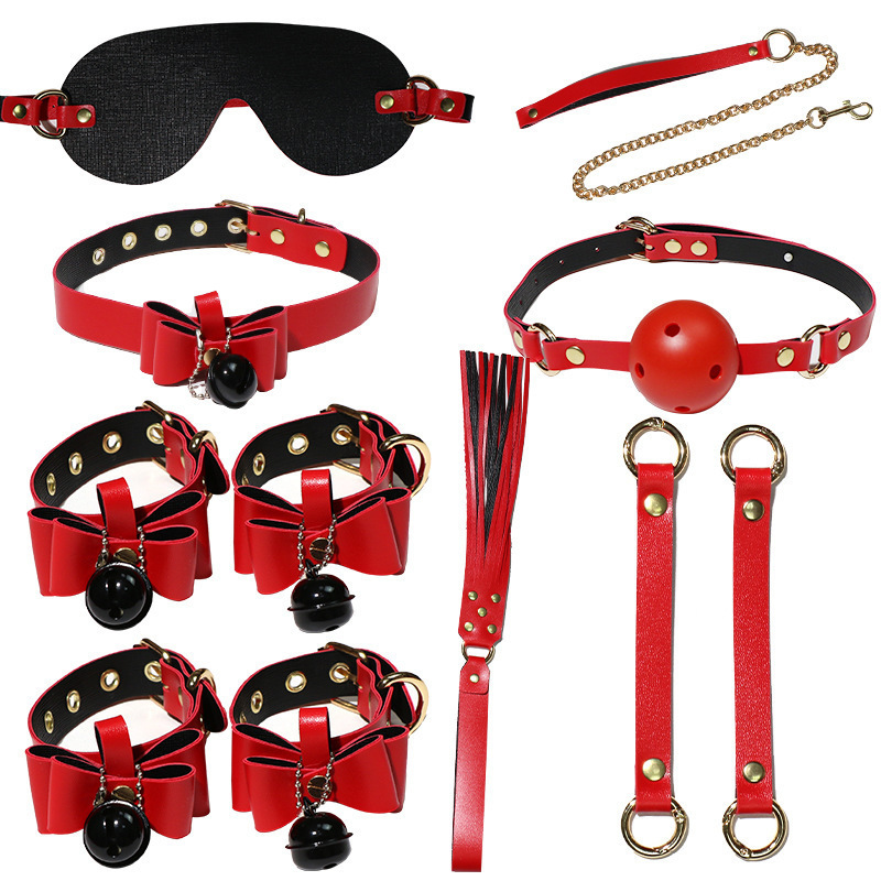 SS2044--SM bell bow eight-piece set alternative bondage collar traction hand and leg cuffs couple sex toys