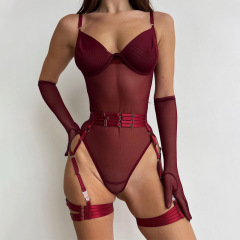 Z3428A-Sexy underwear see-through mesh body-shaping bodysuit garter belt three-piece set for women