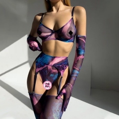 Z3446A-Hot cross-border new colorful splash-ink mesh sexy lingerie gloves garter set