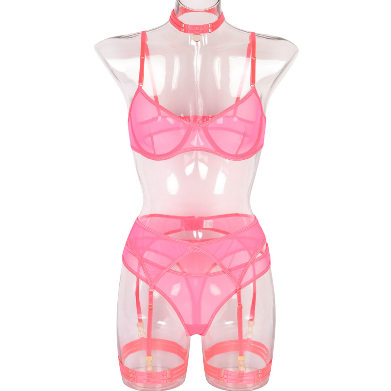 3150-European and American sexy lingerie four-piece set, cross-border hot-selling mesh splicing high-quality lingerie with neck and leg rings