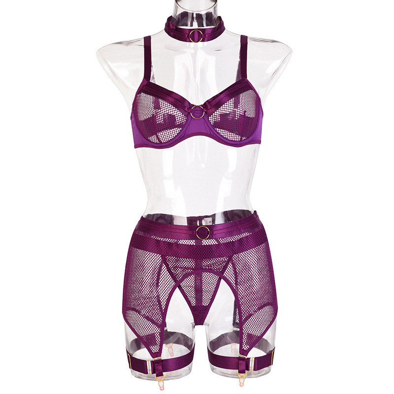 3034-European and American three-piece sexy set, popular mesh splicing high-quality four-piece underwear set with halter neck and girdle