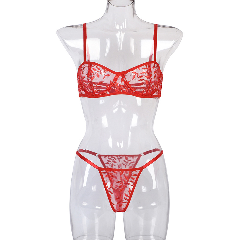 T3086A-European and American sexy lingerie popular women's embroidered flower vines water grass leaves sexy three-point two-piece set