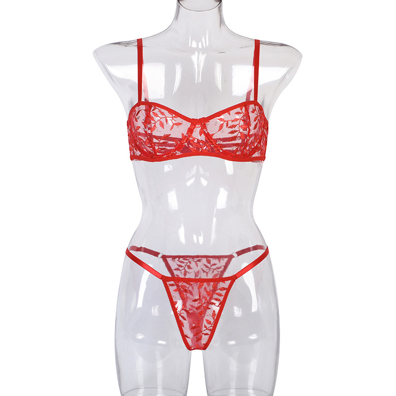 T3086A-European and American sexy lingerie popular women's embroidered flower vines water grass leaves sexy three-point two-piece set